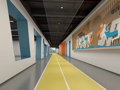 Modern Office Corridor With Yellow Track Lines Blue Door Frames Gray Flooring And Wooden Wall Art 3d model