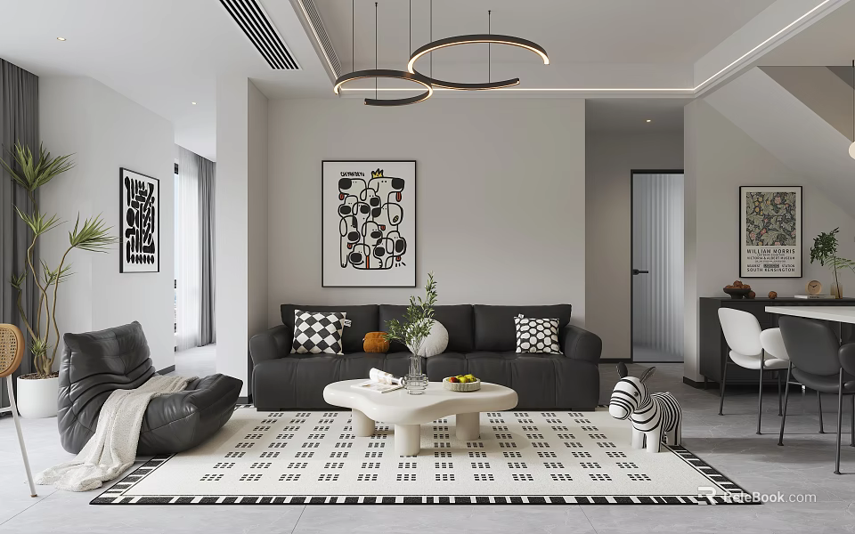Modern Living And Dining Room Interior With Black Sofa Geometric Rug And Round Pendant Lights 3d model 
