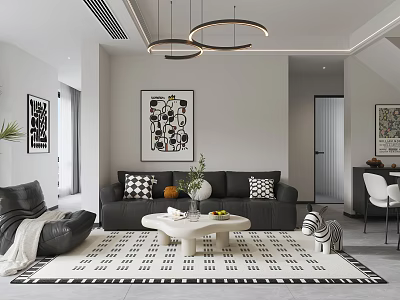 Modern Living And Dining Room Interior With Black Sofa Geometric Rug And Round Pendant Lights 3d model
