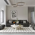 Modern Living And Dining Room Interior With Black Sofa Geometric Rug And Round Pendant Lights