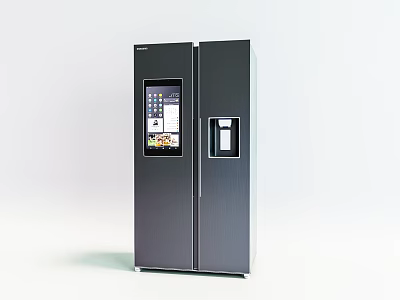 Modern Double Door Refrigerator with Smart Display Screen and Water Dispenser in Sleek Black Finish 3d model