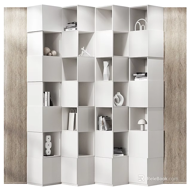 Modern White Bookcase with Geometric Compartments Holding Books Decorative Items and Lamp 3d model 
