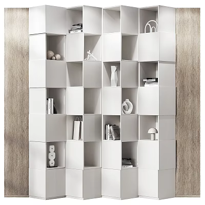 Modern White Bookcase with Geometric Compartments Holding Books Decorative Items and Lamp 3d model