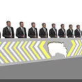 Men in Suits Standing Behind Long Table With World Map and Yellow White Stripe Decor