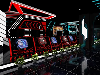 Modern Internet Cafe Interior With Gaming Computers Neon Lights And Plants 3d model