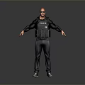 Man in POLICE vest with sunglasses black top and pants arms outstretched on gray background