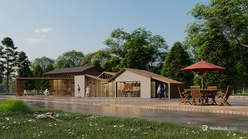 Waterside Inn with Lush Trees Outdoor Seating and Umbrellas for People Relaxing by Water 3d model 