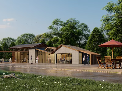 Waterside Inn with Lush Trees Outdoor Seating and Umbrellas for People Relaxing by Water 3d model