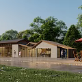 Waterside Inn with Lush Trees Outdoor Seating and Umbrellas for People Relaxing by Water