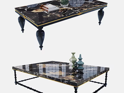 Luxury Marble Coffee Table With Black Metal Legs Gold Accents And Decorative Vases 3d model
