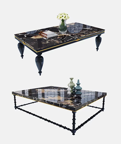 Luxury Marble Coffee Table With Black Metal Legs Gold Accents And Decorative Vases 3d model