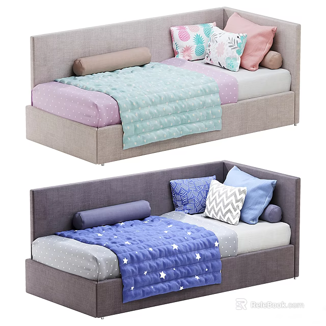 Soft Upholstered Kids Bed With Pastel Bedding Star Patterned Blanket And Decorative Pillows 3d model 