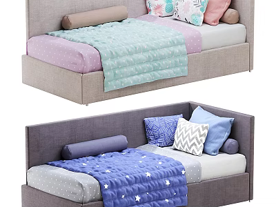 Soft Upholstered Kids Bed With Pastel Bedding Star Patterned Blanket And Decorative Pillows 3d model