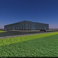 Modern Industrial Factory Building Exterior With Large Glass Windows And Parking Area