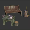 Vintage Rustic Furniture Collection Featuring Red Peeling Paint Bench Wooden Slat Table And Stump Stool