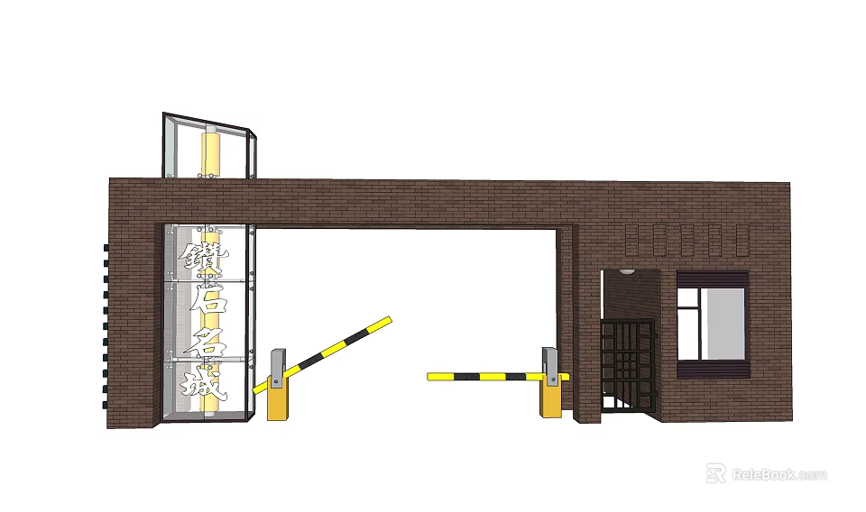 Brick Entrance Gate With Glass Door And Yellow Barriers For Modern Building 3d model 