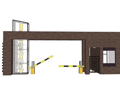 Brick Entrance Gate With Glass Door And Yellow Barriers For Modern Building 3d model
