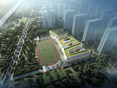Aerial Planning of School Campus With Sports Field and Greenery 3d model