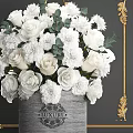 Decorative Ornament Set with White Roses Chrysanthemums Green Eucalyptus in Gray Pot and Golden Frame