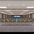 Spacious Conference Room with Arranged Chairs Large Screen Wooden Walls and Ceiling Lighting