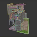 Cartoon Scene of Modern Gray Multi Level Architectural Model with Staircase and Green Grass Area
