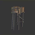Scenic Rural Landscape Featuring Wooden Watchtower with Ladder and Pointed Fence Railing