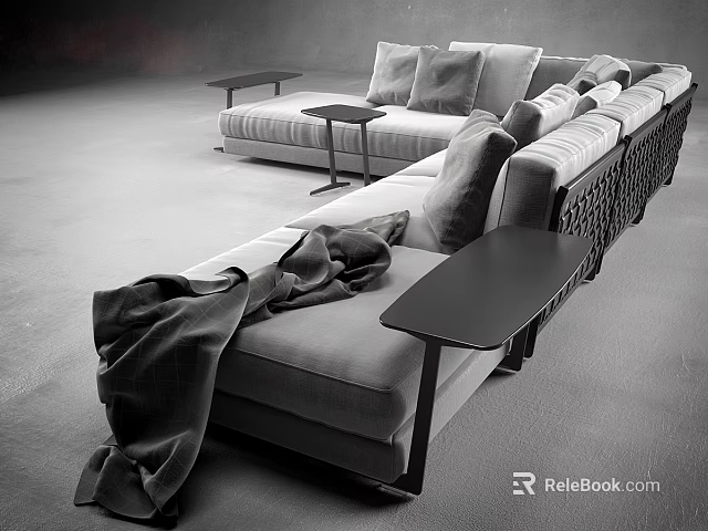 Modern Sectional Sofa With Plush Cushions Side Tables And Cozy Blanket 3d model