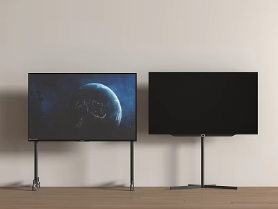 Two Televisions on Stands Against Light Wall Wooden Floor One Showing Earth One Black Screen 3d model