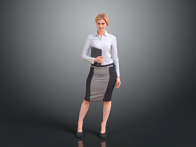 Professional Woman In White Shirt And Checkered Skirt Holding Folder Standing Pose 3d model