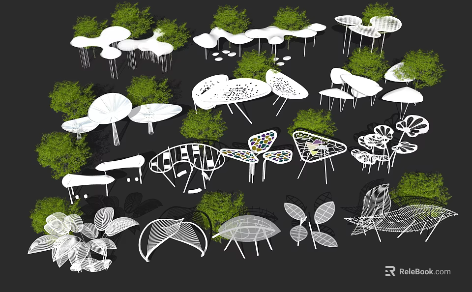 Various Modern Shade Canopy Designs With Leaf Shapes And Green Plants In Outdoor Spaces 3d model 