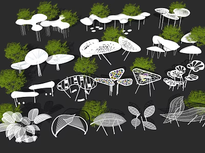 Various Modern Shade Canopy Designs With Leaf Shapes And Green Plants In Outdoor Spaces 3d model