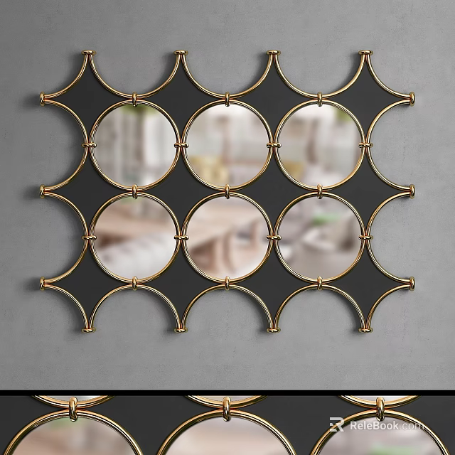 Decorative Gold Framed Mirror With Circular Panels On Gray Wall 3d model 