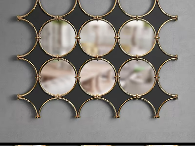Decorative Gold Framed Mirror With Circular Panels On Gray Wall 3d model