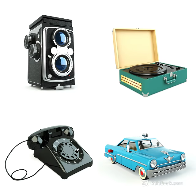 Vintage Retro Electronics Collection Featuring Classic Camera Turntable Telephone And Toy Car 3d model 