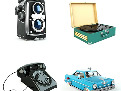 Vintage Retro Electronics Collection Featuring Classic Camera Turntable Telephone And Toy Car 3d model