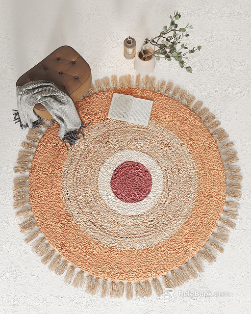Colorful Round Rug with Concentric Circles Pattern Orange Beige Red Tones and Fringe Tassels 3d model 