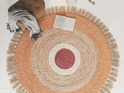 Colorful Round Rug with Concentric Circles Pattern Orange Beige Red Tones and Fringe Tassels 3d model