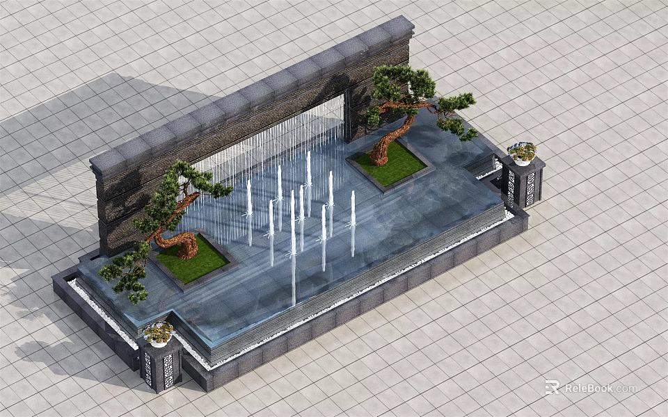 Stylish Garden Ornament Featuring Water Fountain Small Pine Trees And Stone Wall 3d model 