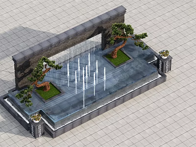 Stylish Garden Ornament Featuring Water Fountain Small Pine Trees And Stone Wall 3d model
