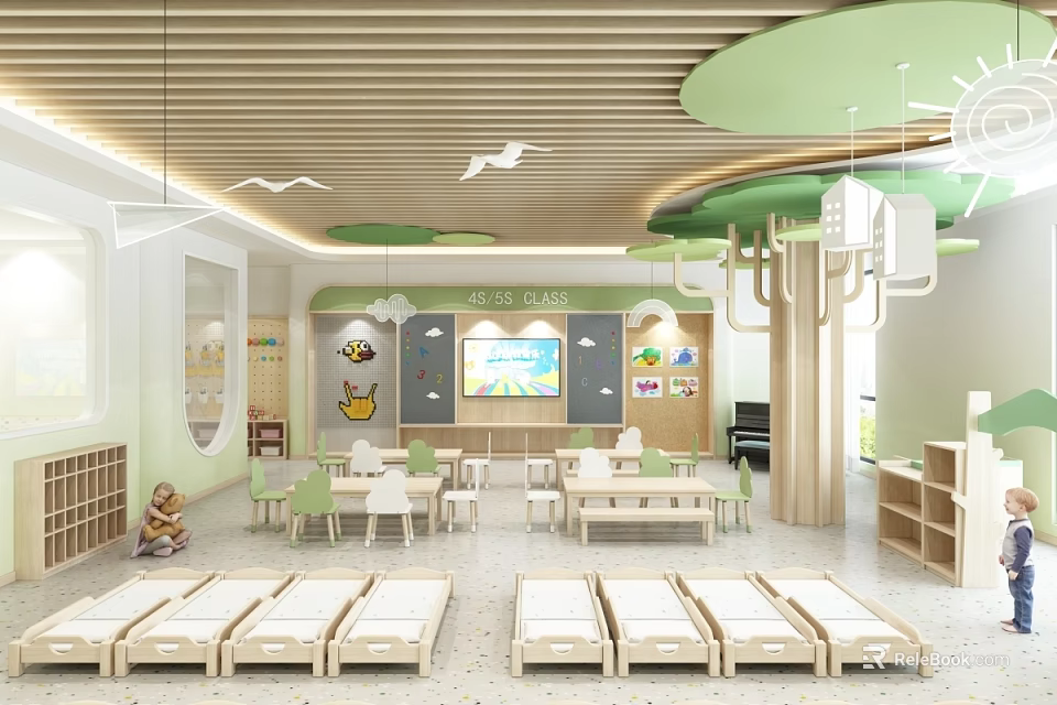 Modern Kindergarten Interior Design With Green Ceiling Wooden Elements Children's Beds Tables And Chairs 3d model 