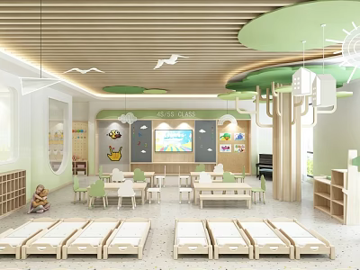 Modern Kindergarten Interior Design With Green Ceiling Wooden Elements Children's Beds Tables And Chairs 3d model