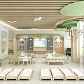 Modern Kindergarten Interior Design With Green Ceiling Wooden Elements Children's Beds Tables And Chairs