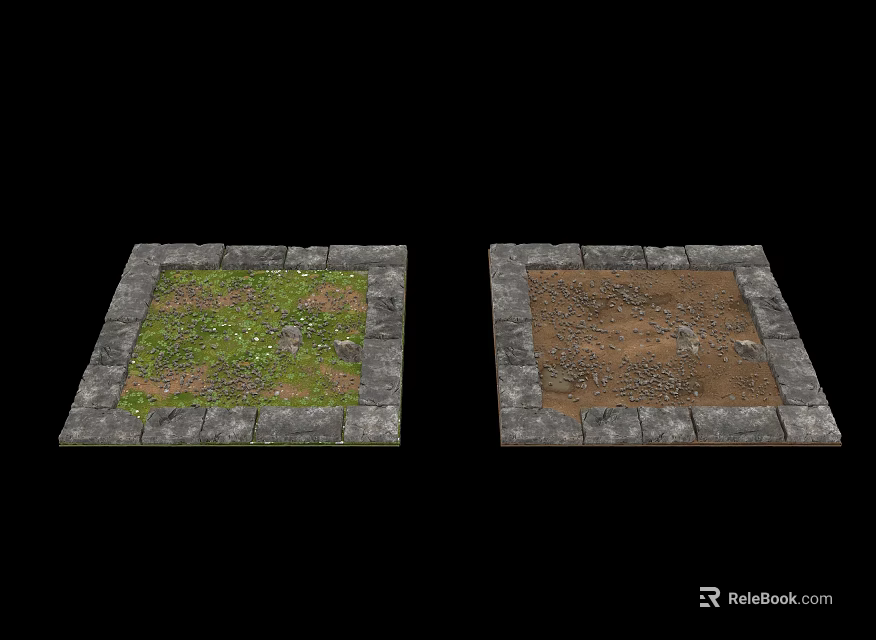 Ground Cover With Green Vegetation And Soil Areas In Stone Bordered Squares 3d model 