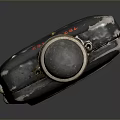 Vintage Metal Flask With Black Body Golden Cap And Circular Red Emblem Design