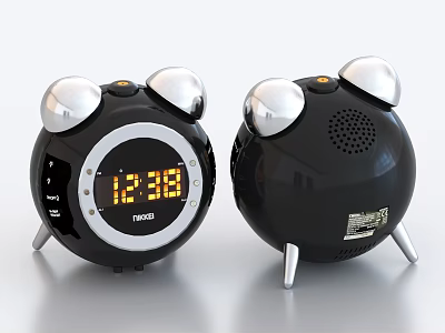 Black Digital Alarm Clock With Silver Accents Round Design Legs And LED 3d model