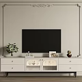 Modern White TV Stand With Drawers Cabinets And Top Ornaments Against Decorative Wall Molding