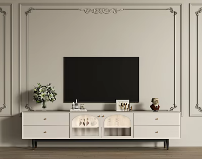 Modern White TV Stand With Drawers Cabinets And Top Ornaments Against Decorative Wall Molding 3d model