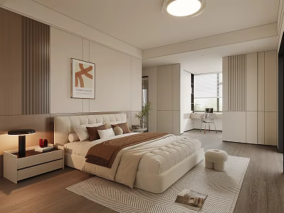 Modern Bedroom Interior With Beige Bed Nightstand Artwork Window And Rug 3d model