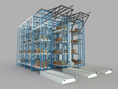 Industrial Warehouse Storage Racks With Multi Tier Metal Frames And Storage Boxes 3d model