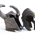 Horned And Decorative Medieval Metal Helmets With Rivets And Sun Badge Design